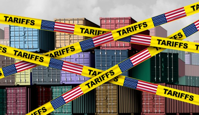 A complex network of shipping containers and air cargo planes, symbolizing the complex and shifting nature of global logistics under tariff pressures.