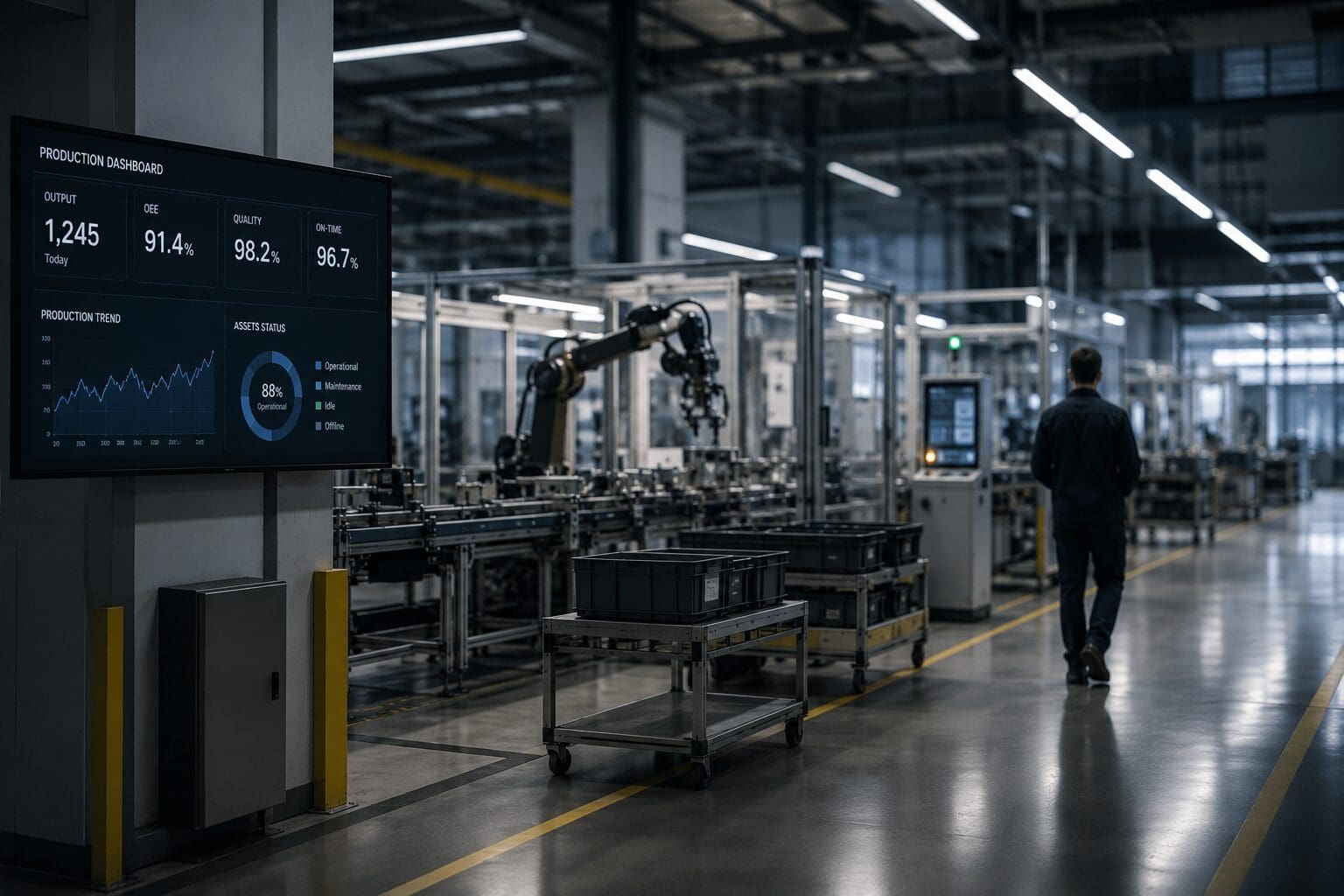 Abstract visualization of interconnected data nodes representing a software-defined manufacturing environment.