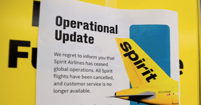 A Spirit Airlines plane parked on the tarmac with its engines off, symbolizing grounded operations.