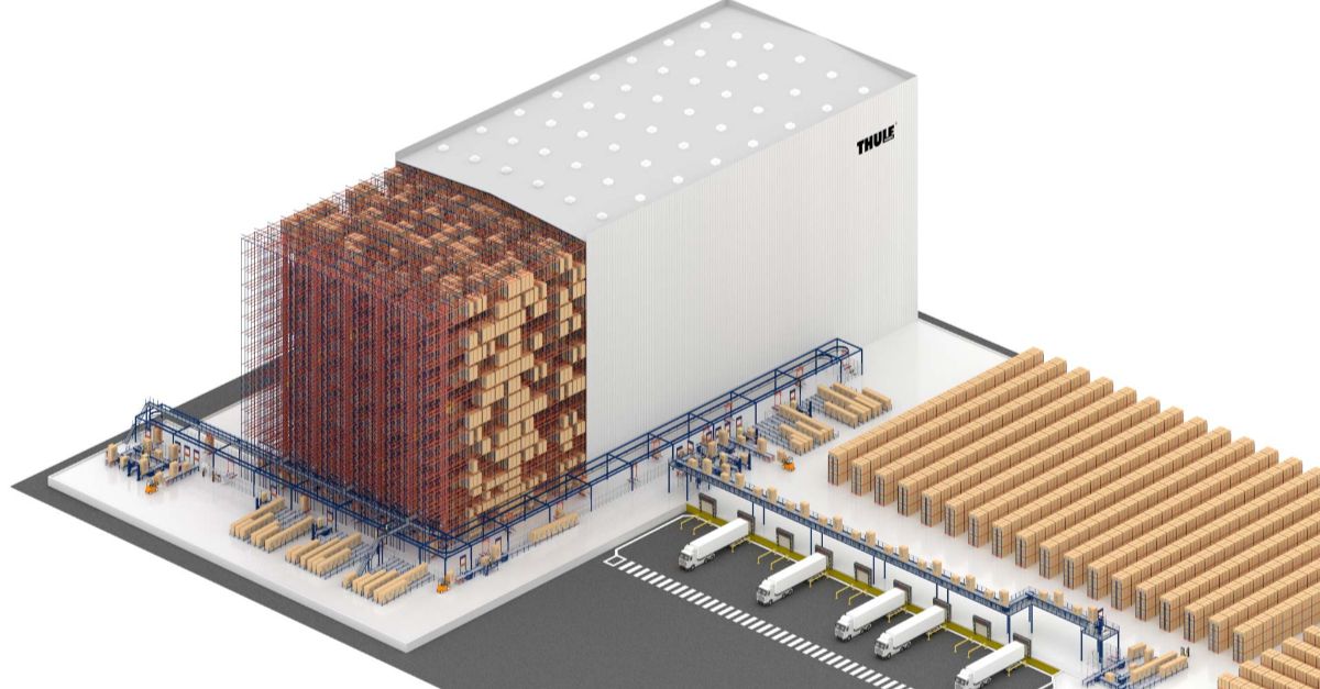 Artist rendering of Thule's towering 42m automated warehouse in Krzyż Wielkopolski, Poland, with stacker cranes and monorail system