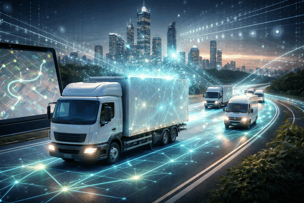 Digital map showing AI-optimized delivery routes with trucks unlocking extra capacity