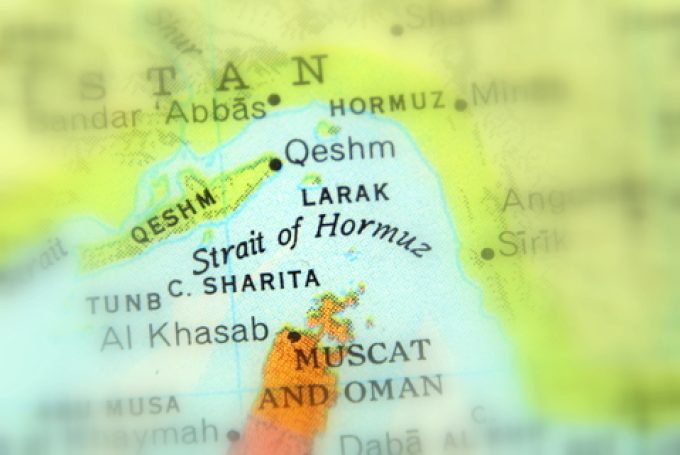 An overview of the Strait of Hormuz, a vital shipping lane.