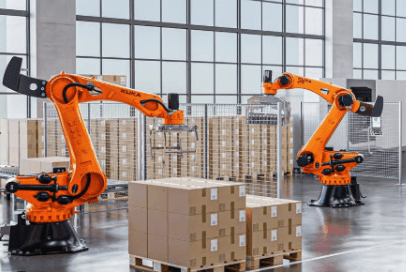 Robot arm unloading cartons from a warehouse trailer dock