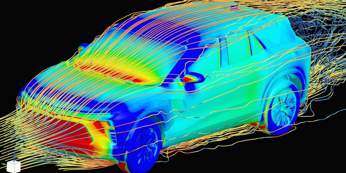 3D car model on screen with AI drag coefficient overlay in engineering workflow