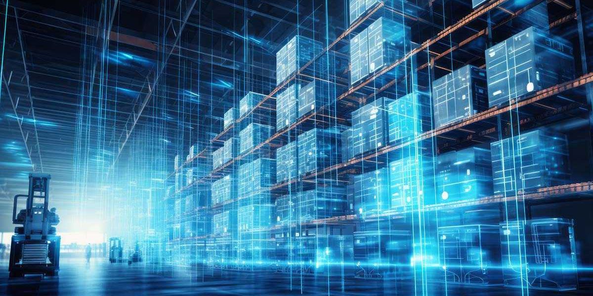 Warehouse worker collaborating with a digital interface displaying AI-driven insights.