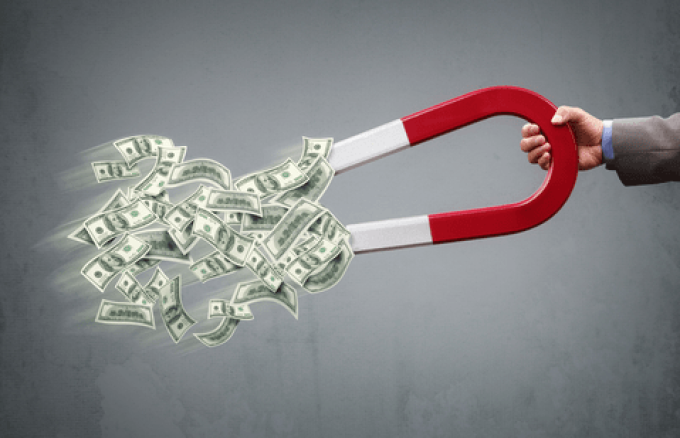 A courtroom gavel striking down on a pile of money with an Amazon logo in the background.
