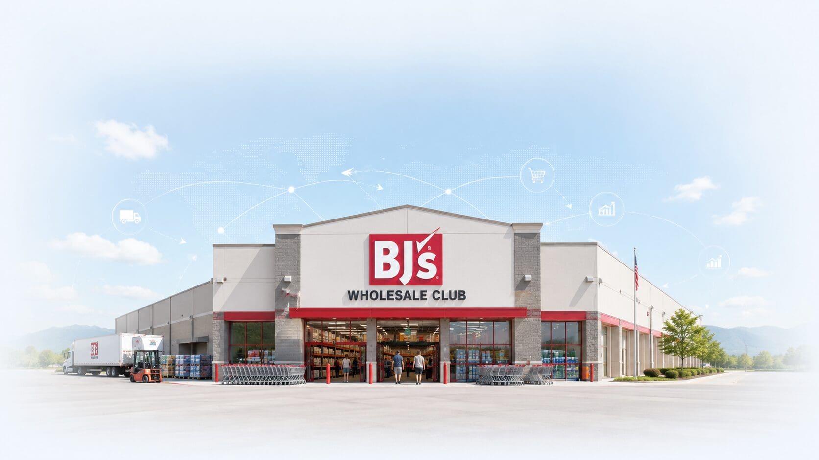 Exterior view of a BJ's Wholesale Club store with a delivery truck nearby.