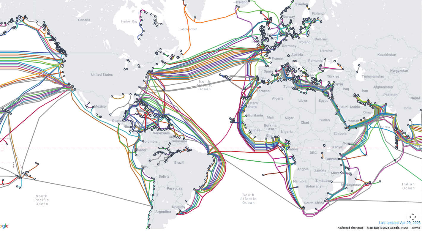Illustration of glowing undersea internet cables stretching across the ocean floor.