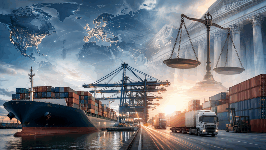 A gavel striking a block next to stacks of shipping containers and financial charts, symbolizing legal and trade impacts.
