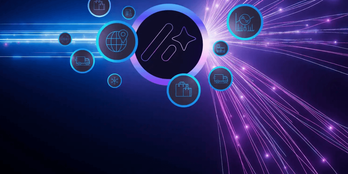 A graphic representing a supply chain network with glowing nodes and interconnected lines, with a spotlight illuminating one of the nodes.
