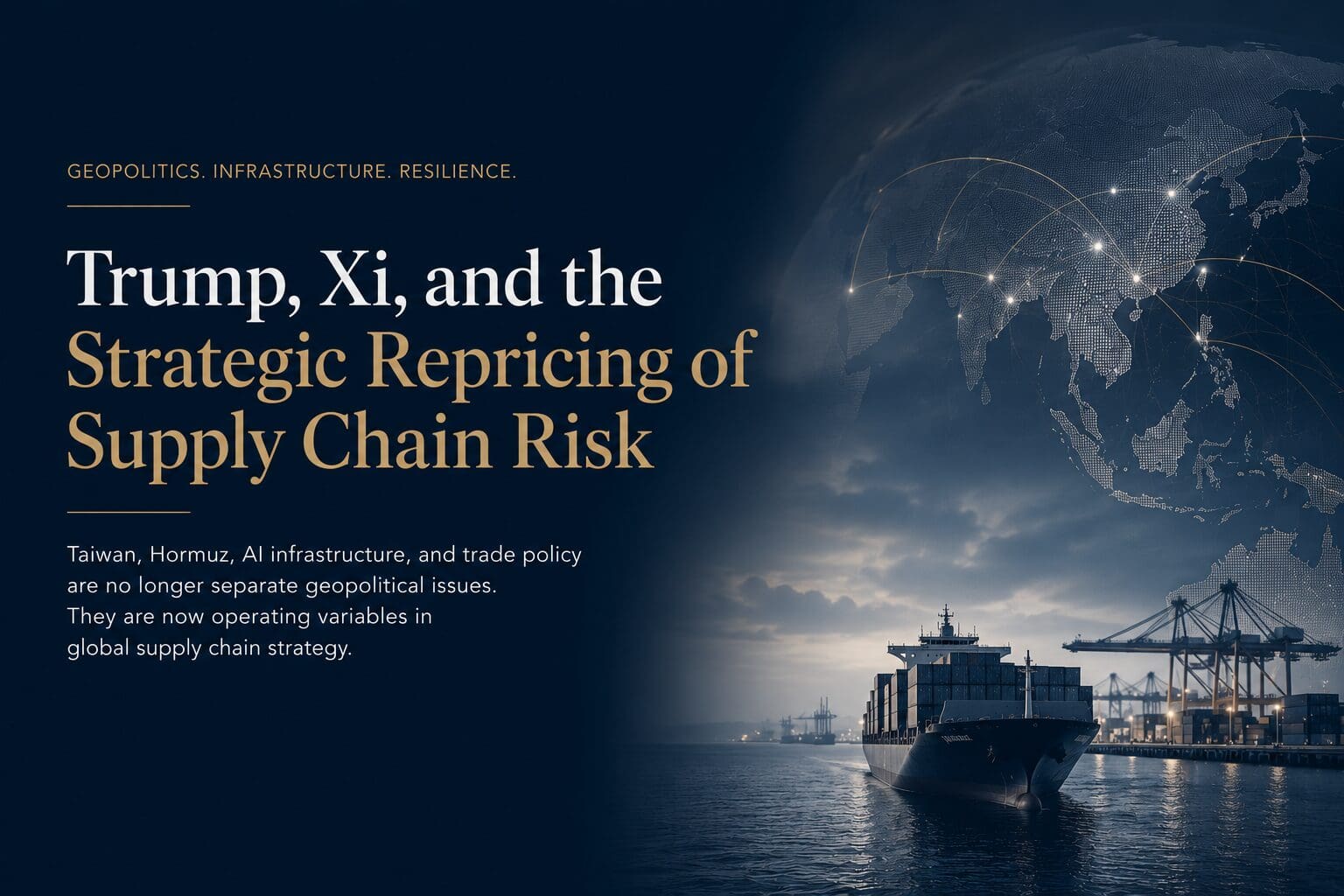 A world map with interconnected lines representing global supply chains, overlaid with icons of a semiconductor chip, an oil tanker, and a factory.