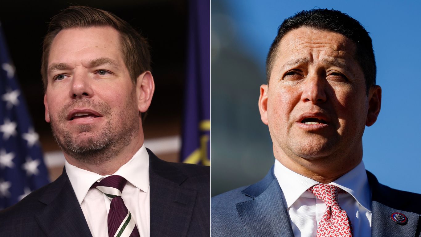 Capitol Hill with overlaid photos of Reps. Eric Swalwell and Tony Gonzales amid expulsion vote headlines