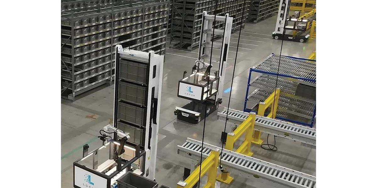 Robotic arms and automated guided vehicles working in a modern warehouse setting.