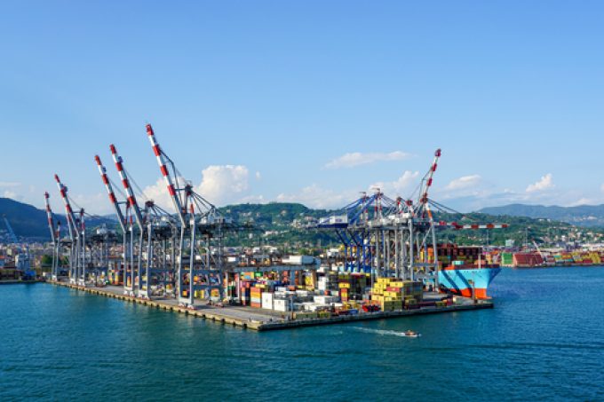 Congested container terminal at Algeciras with delayed feeder ships in the Mediterranean