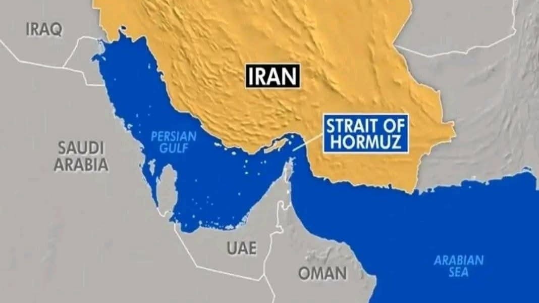 Collage of cyber threat icons, AI agent diagrams, robotic dock unloaders, and Strait of Hormuz ships queued amid tension