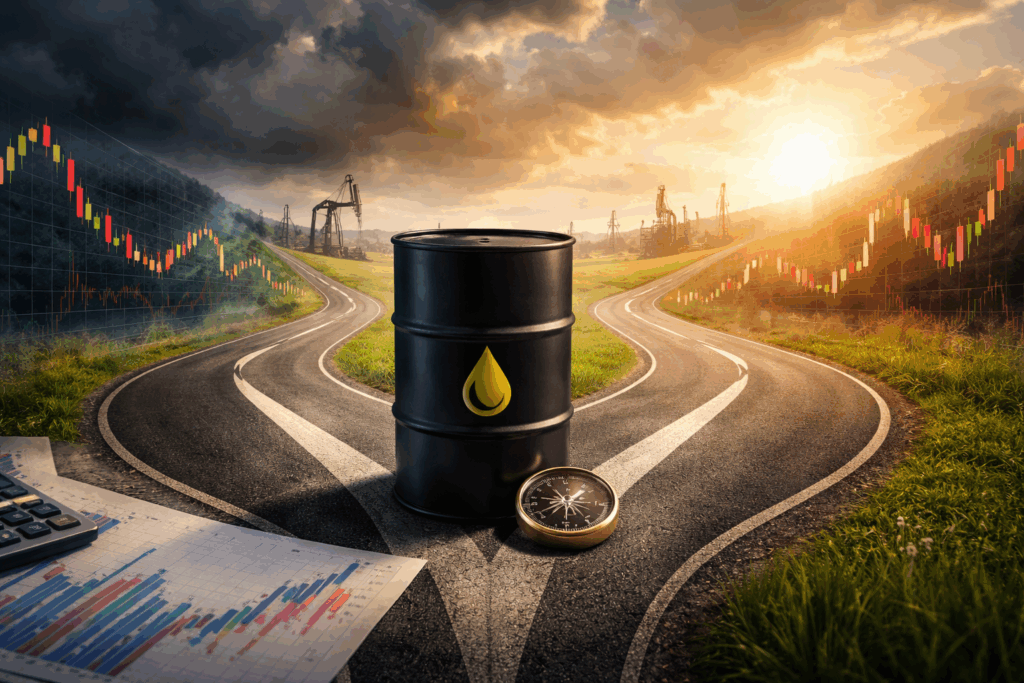 Volatile oil price chart overlayed on supply chain trucks and cargo ships