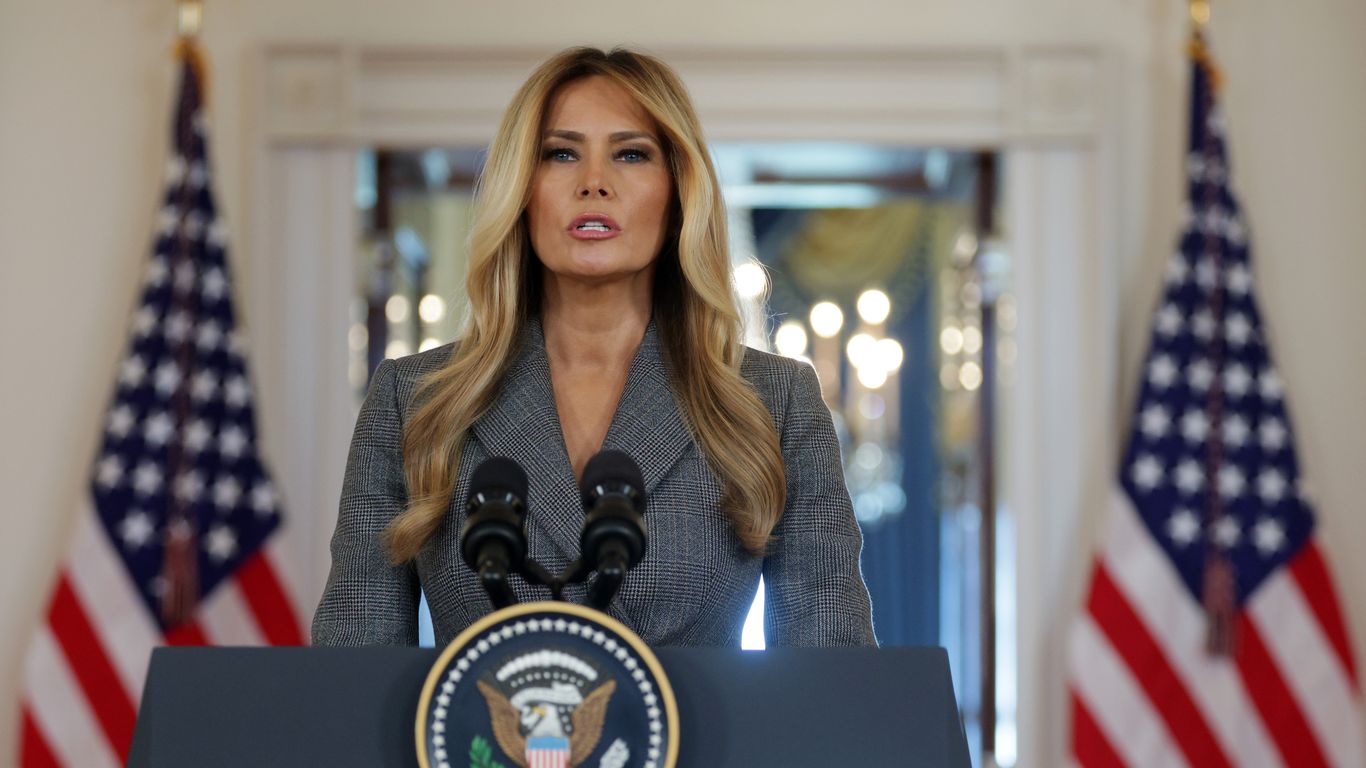 Melania Trump at White House podium denying Epstein ties