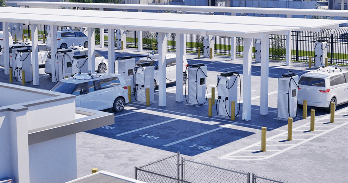 A graphic representing interconnected electric vehicle charging stations in a city.