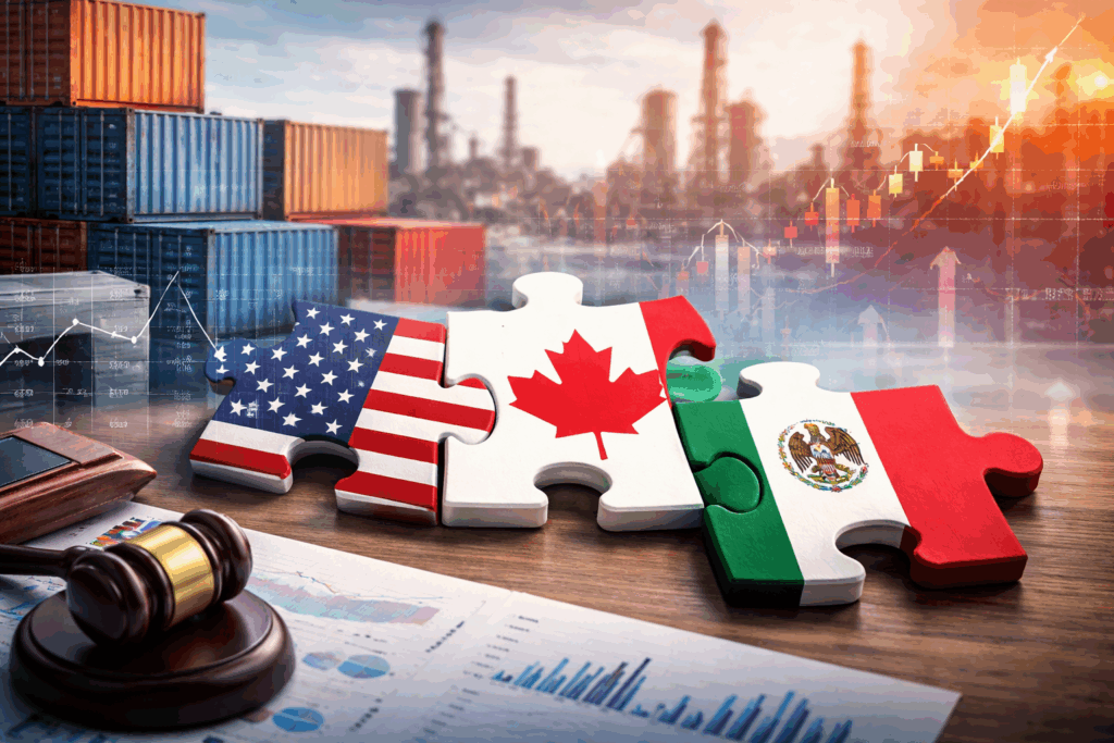 North American map highlighting USMCA trade routes with ticking clock overlay and tariff warning icons