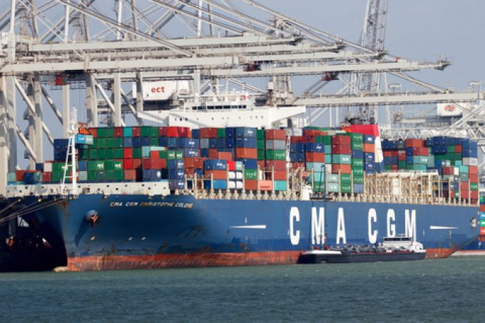 Container ship loaded with boxes at US port amid rising fuel surcharge chaos