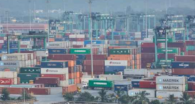Containers stacked at JNPA Nhava Sheva port amid surge from Middle East cargo diversions
