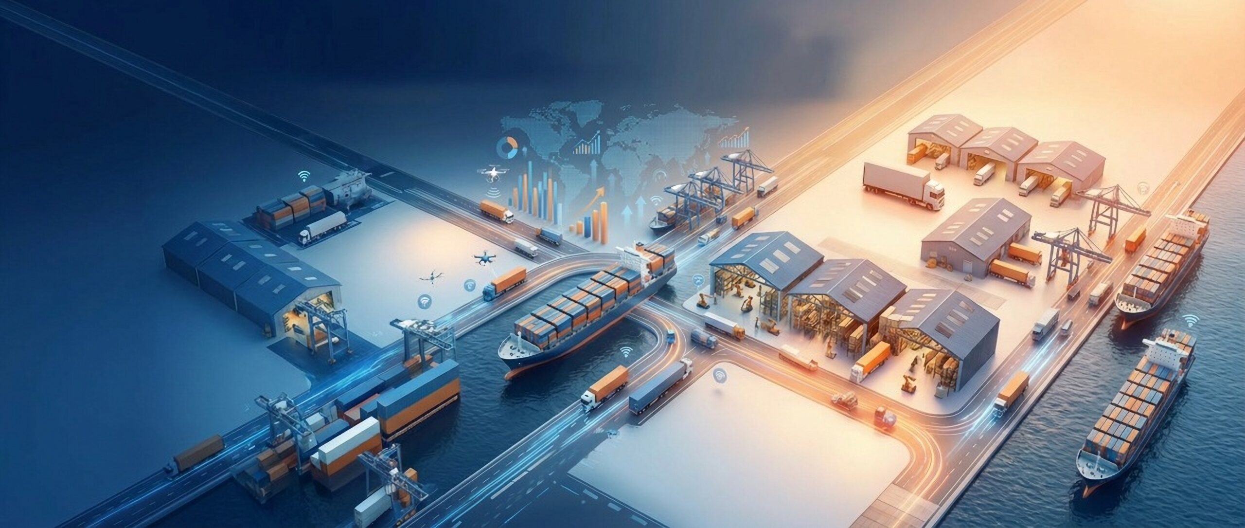 A graphic representing a complex, interconnected global supply chain with various nodes and data flows, symbolizing 4PL orchestration.