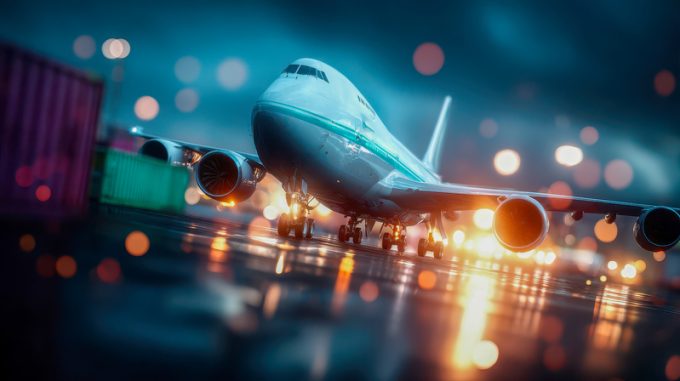 An airplane wing with a city skyline in the background, symbolizing global trade and logistics.
