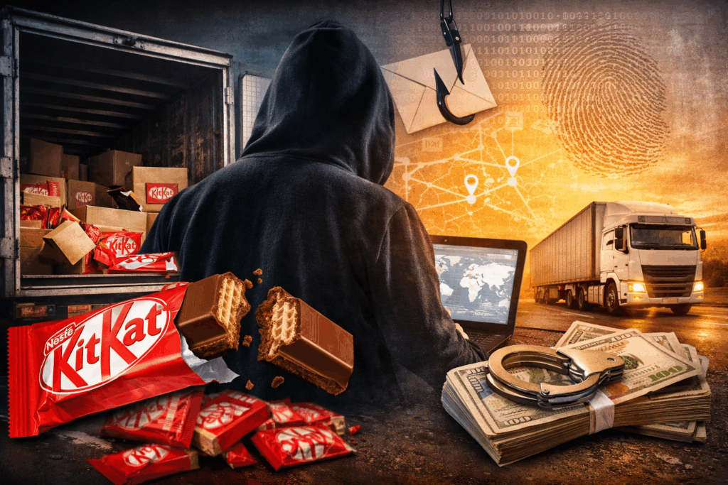 Pile of stolen KitKat bars representing massive freight fraud heist