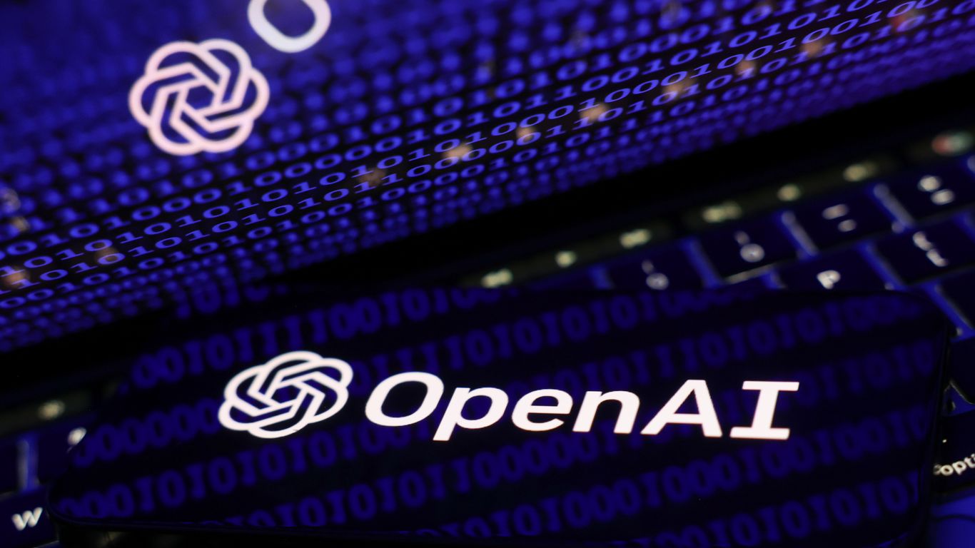 OpenAI logo overlaid on a digital cyber network with vulnerability scans and locked access tiers