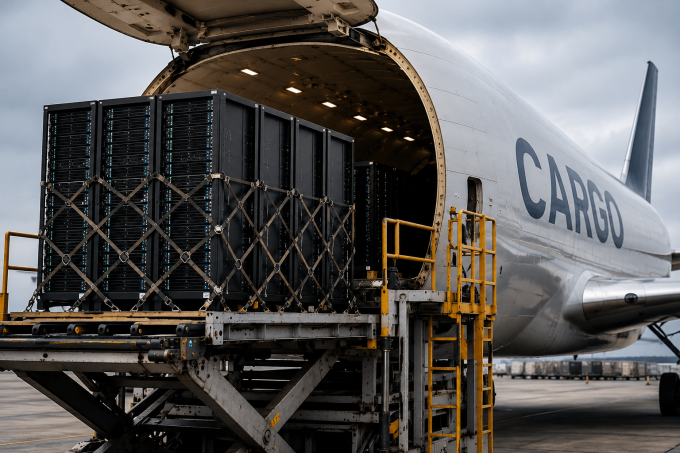 A cargo plane taking off at sunset, with a superimposed graphic of complex circuitry and a helium atom.
