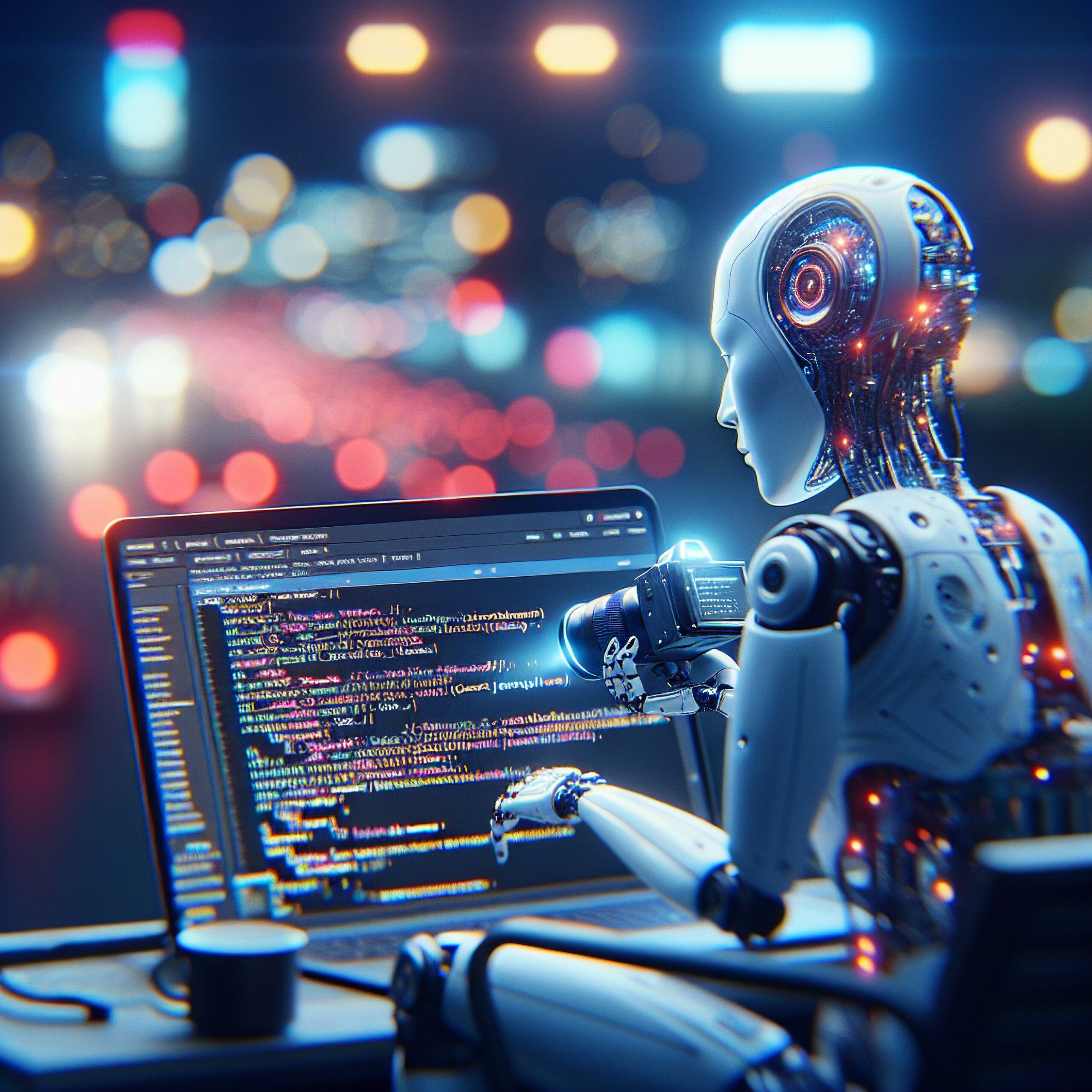 Futuristic warehouse with AI robots sorting glowing packages amid data streams