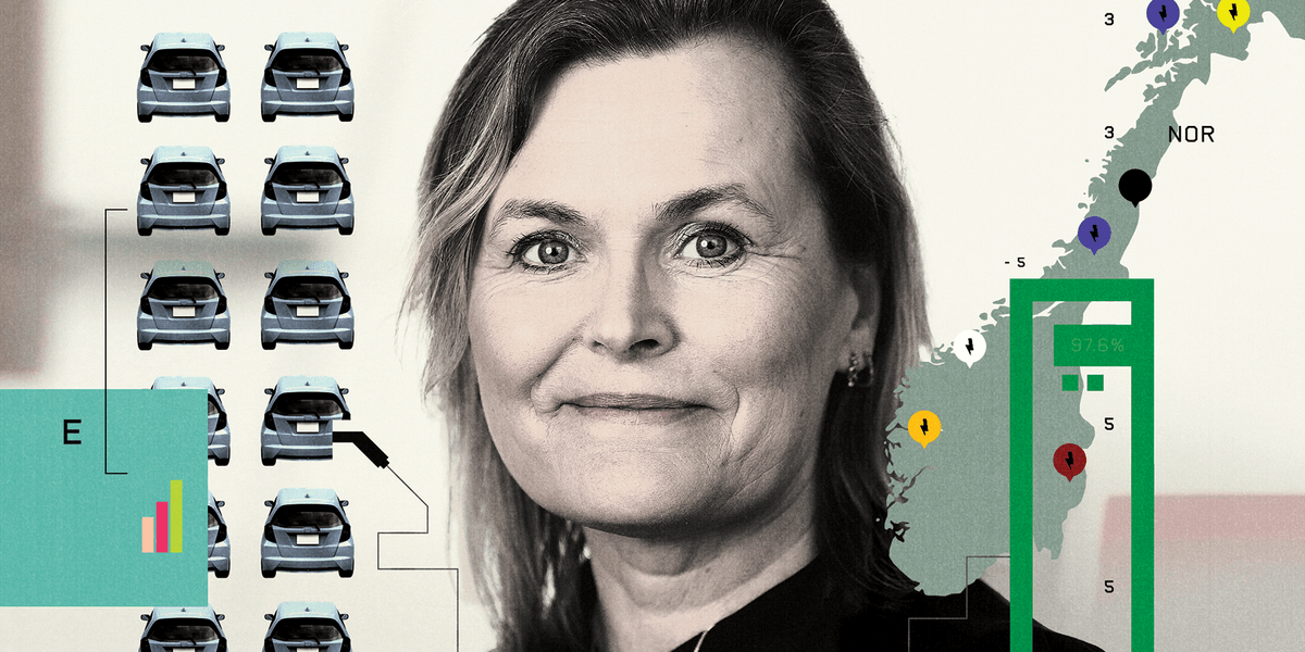 Snowy Norwegian road with EV charging stations and electric cars