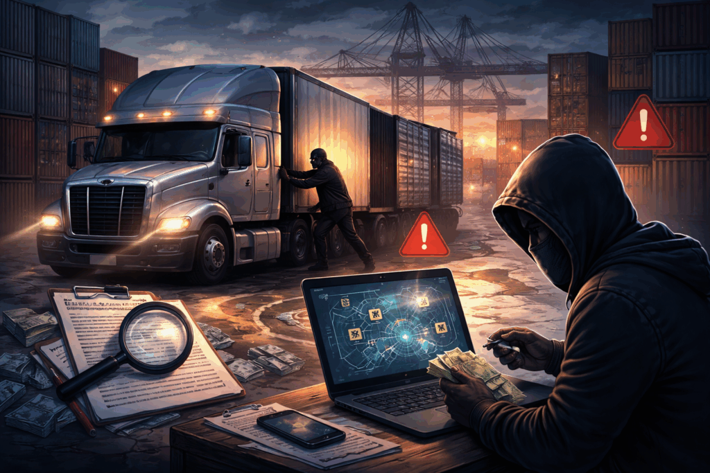 Digital overlay of a freight truck with cracking code and fraud alerts on a supply chain map