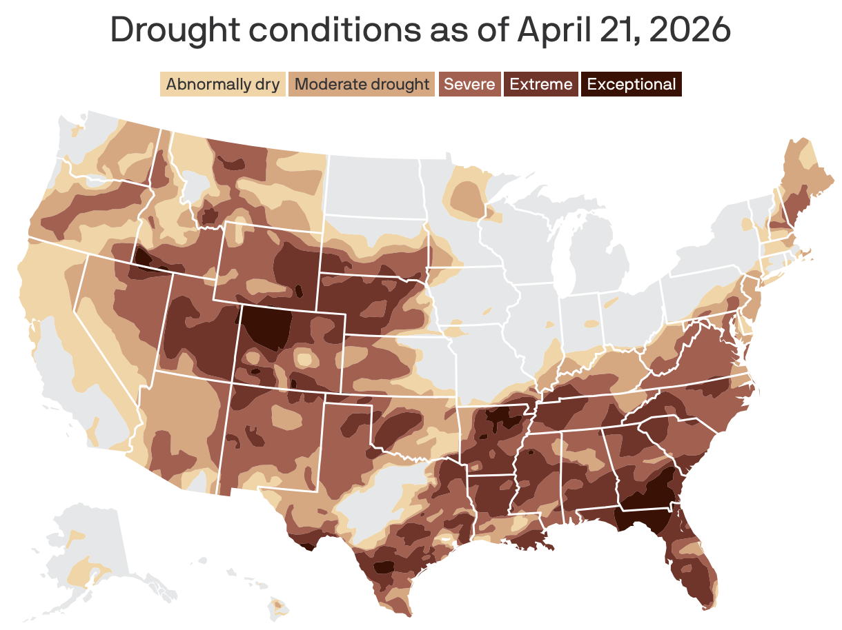 U.S. map highlighting drought-stricken areas primed for wildfires, with Georgia fires marked