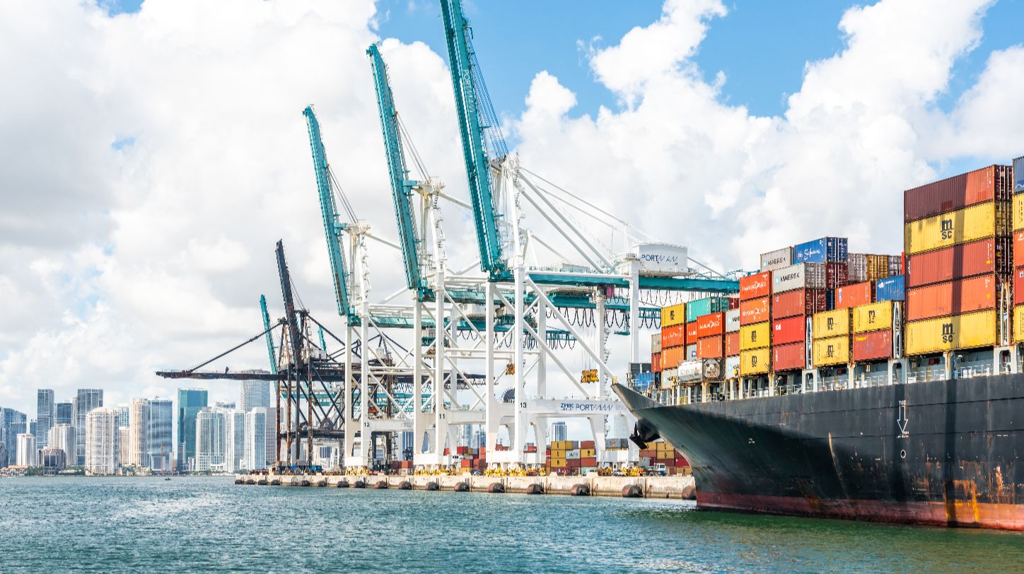 A busy American port with large cargo ships and cranes.
