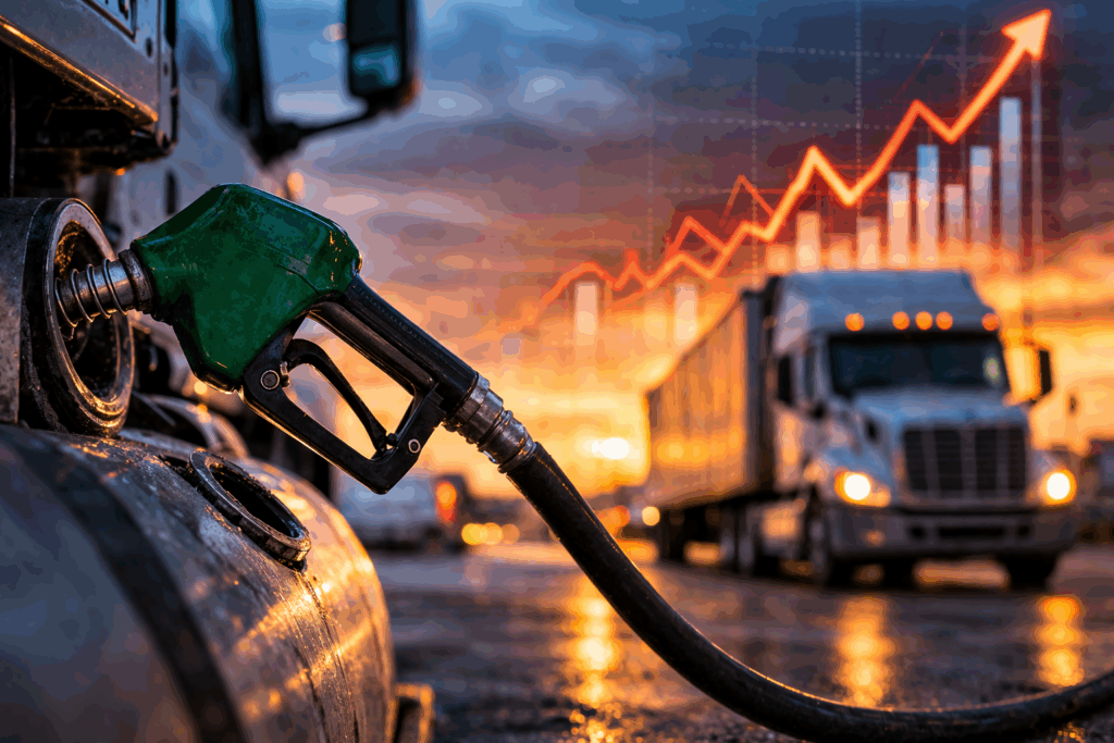 Rising diesel price chart with semi-truck on highway amid oil barrels