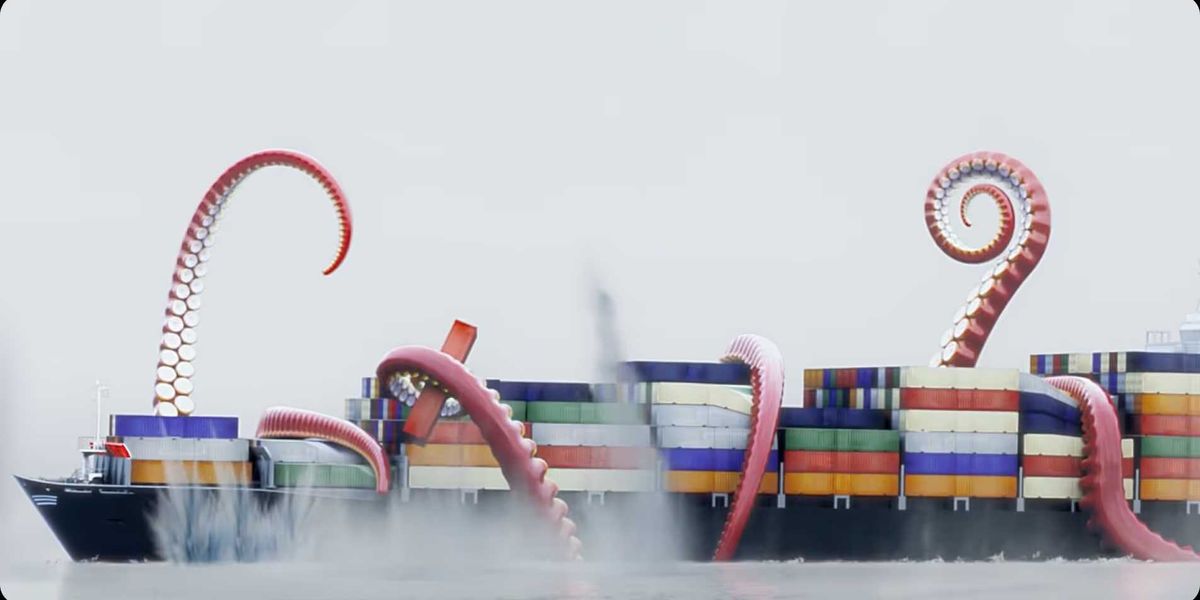 A container ship navigating through choppy waters in a dimly lit sea, symbolizing the challenges in cargo insurance.