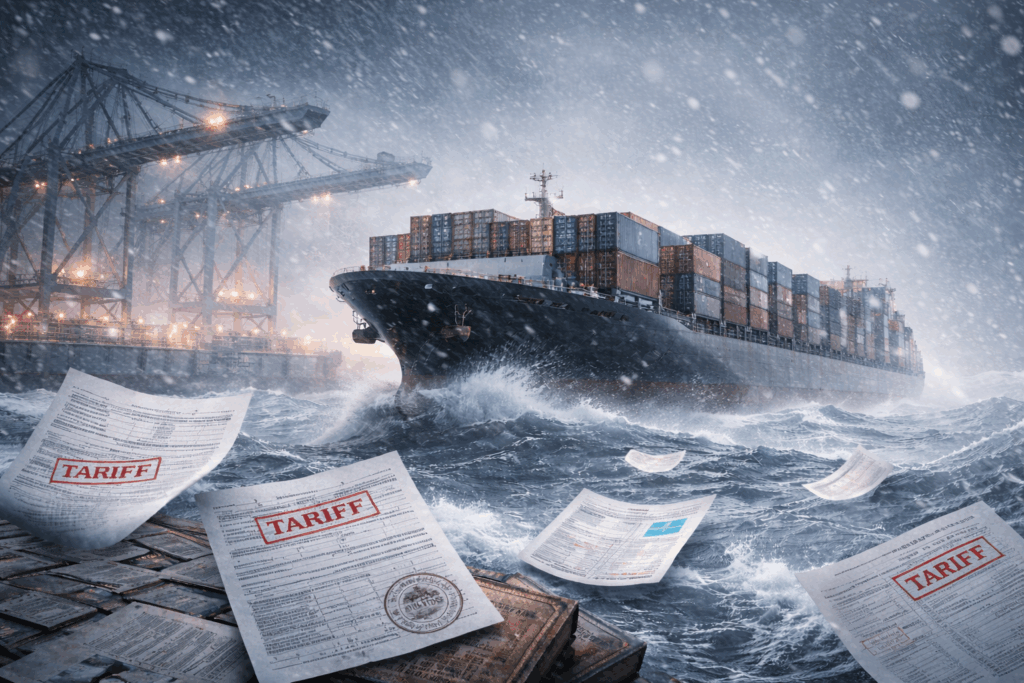 FedEx truck buried in snow with tariff documents spilling out during blizzard