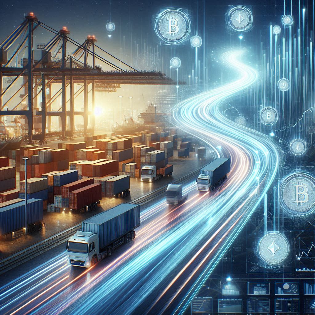 Digital currency symbols flowing between continents, representing global trade connectivity.