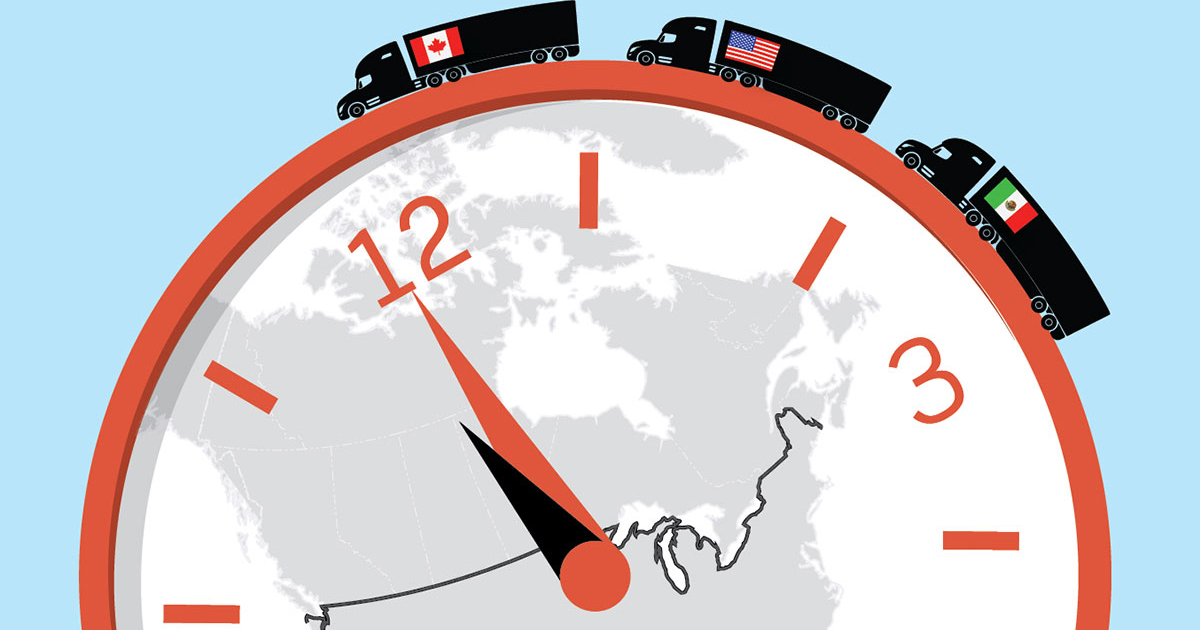 A truck driving on a highway with a blurry North American map in the background.