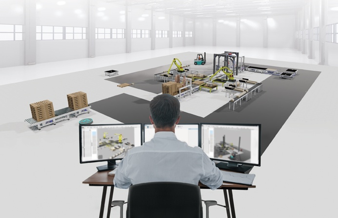 A split screen showing a complex 3D factory model on one side and a dynamic data dashboard with graphs and live metrics on the other, symbolizing the difference between simulation and digital twins.