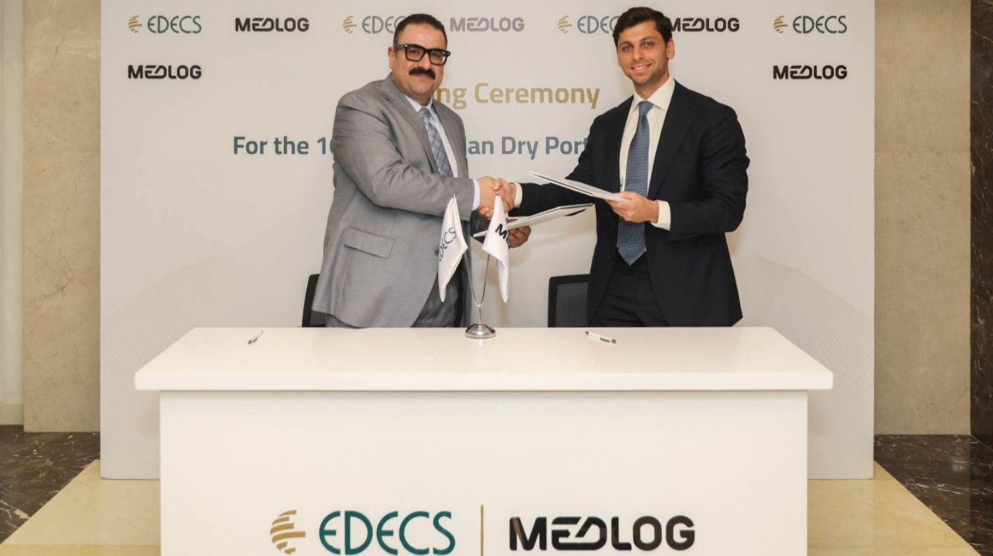 Artist rendering of the new dry port facility under construction in Egypt's 10th of Ramadan City with trucks and smart tech overlays