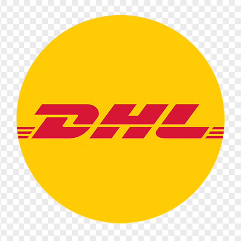 A DHL delivery truck parked at a warehouse loading dock at dawn.