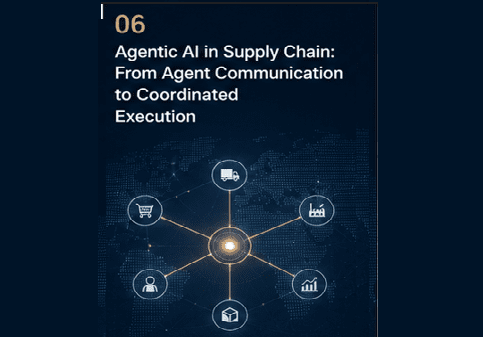 Conceptual image of interconnected AI agents working together to manage a complex supply chain network.